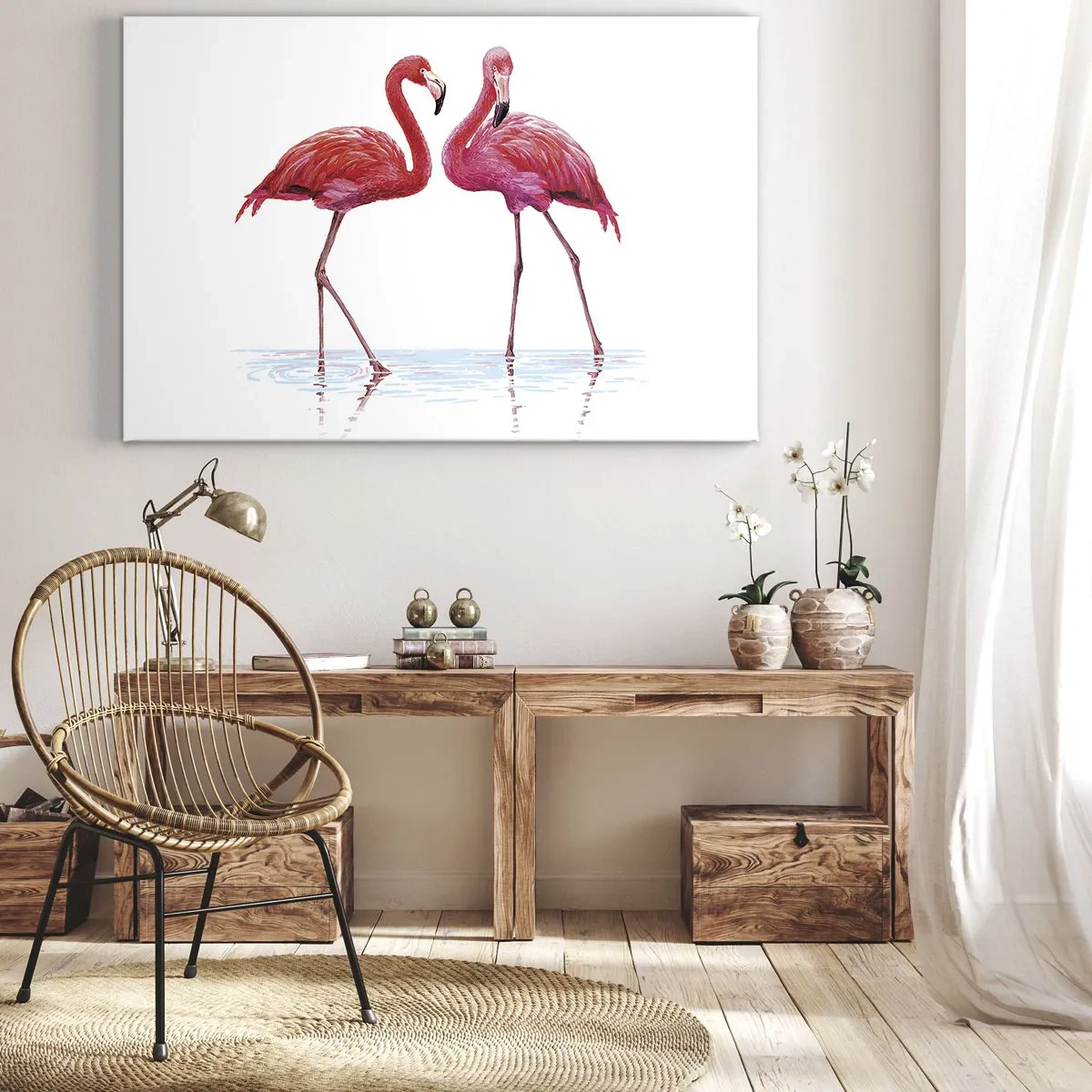 Quadro em tela - Um par de flamingos na água contra um fundo claro - 70x50cm - Rosa randez-vous - Decoração de parede moderna para a sala de estar e quarto ARTTOR