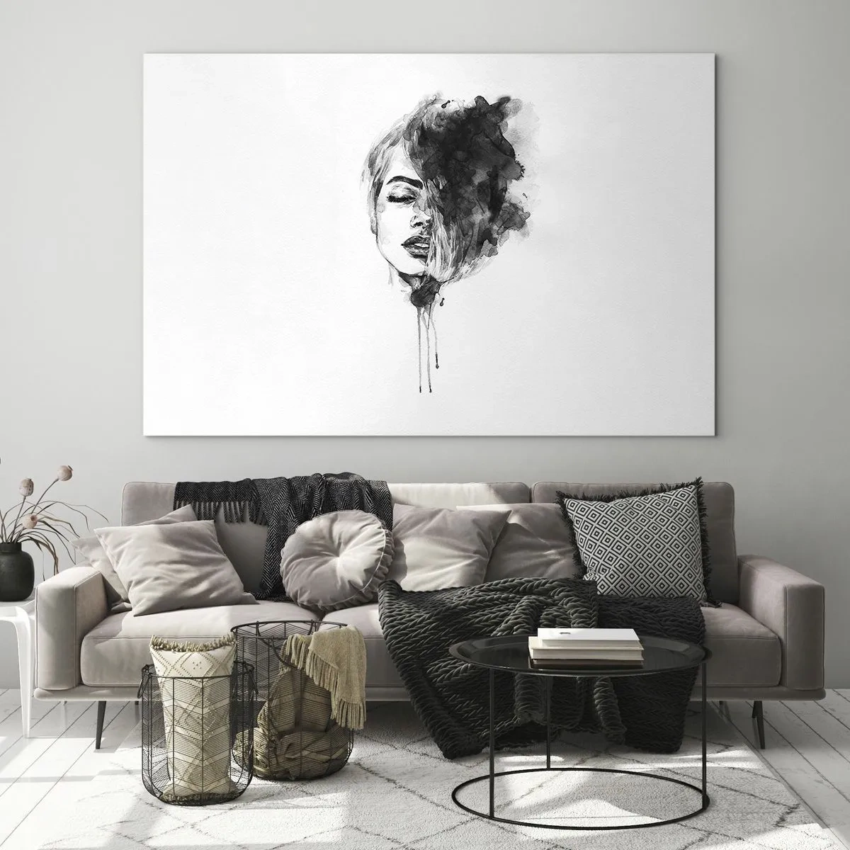 Quadro em vidro - Retrato em preto e branco de uma mulher com uma sombra abstrata - 70x50cm - O que sonha uma rapariga - Decoração de parede moderna para a sala de estar e quarto ARTTOR