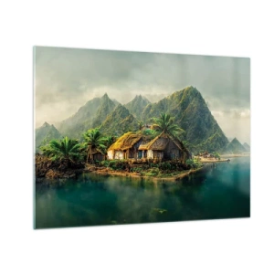 Quadro em vidro - Uma vila tropical à beira da água, cercada por montanhas e palmeiras - 70x50cm - Paraíso Tropical - Decoração de parede moderna para a sala de estar e quarto ARTTOR