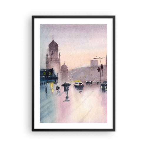 Pôster com moldura preta - Cena da cidade com silhuetas de pessoas e luzes na névoa da chuva - 50x70cm - Na névoa chuvosa - Decoração de parede moderna para a sala de estar e quarto ARTTOR