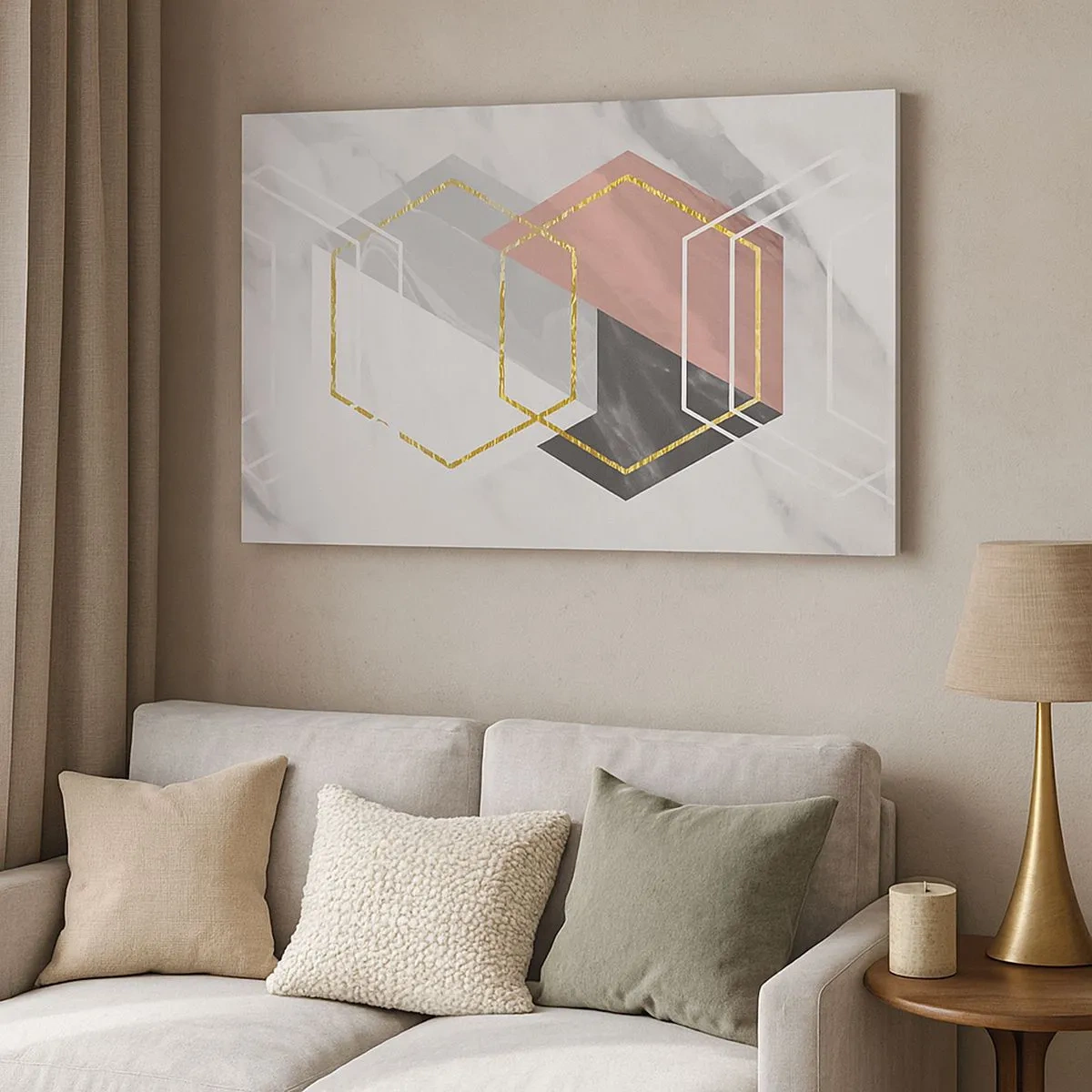 Quadro em tela - Figuras geométricas com detalhes em ouro e mármore - 70x50cm - Composição em cadeia - Decoração de parede moderna para a sala de estar e quarto ARTTOR