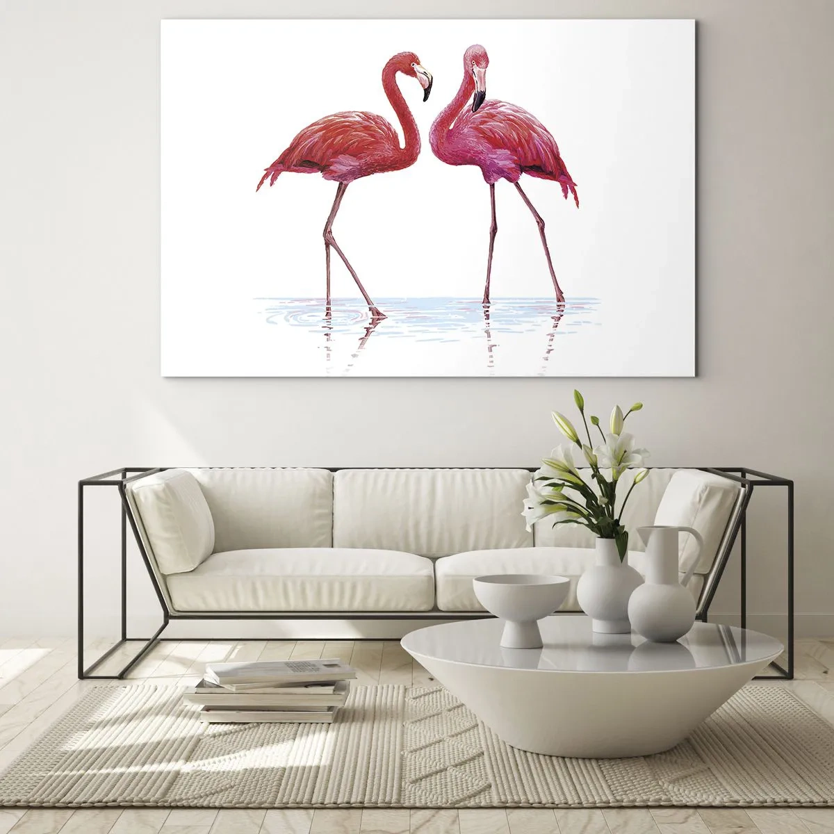 Quadro em vidro - Dois flamingos cor-de-rosa parados na água - 70x50cm - Rosa randez-vous - Decoração de parede moderna para a sala de estar e quarto ARTTOR