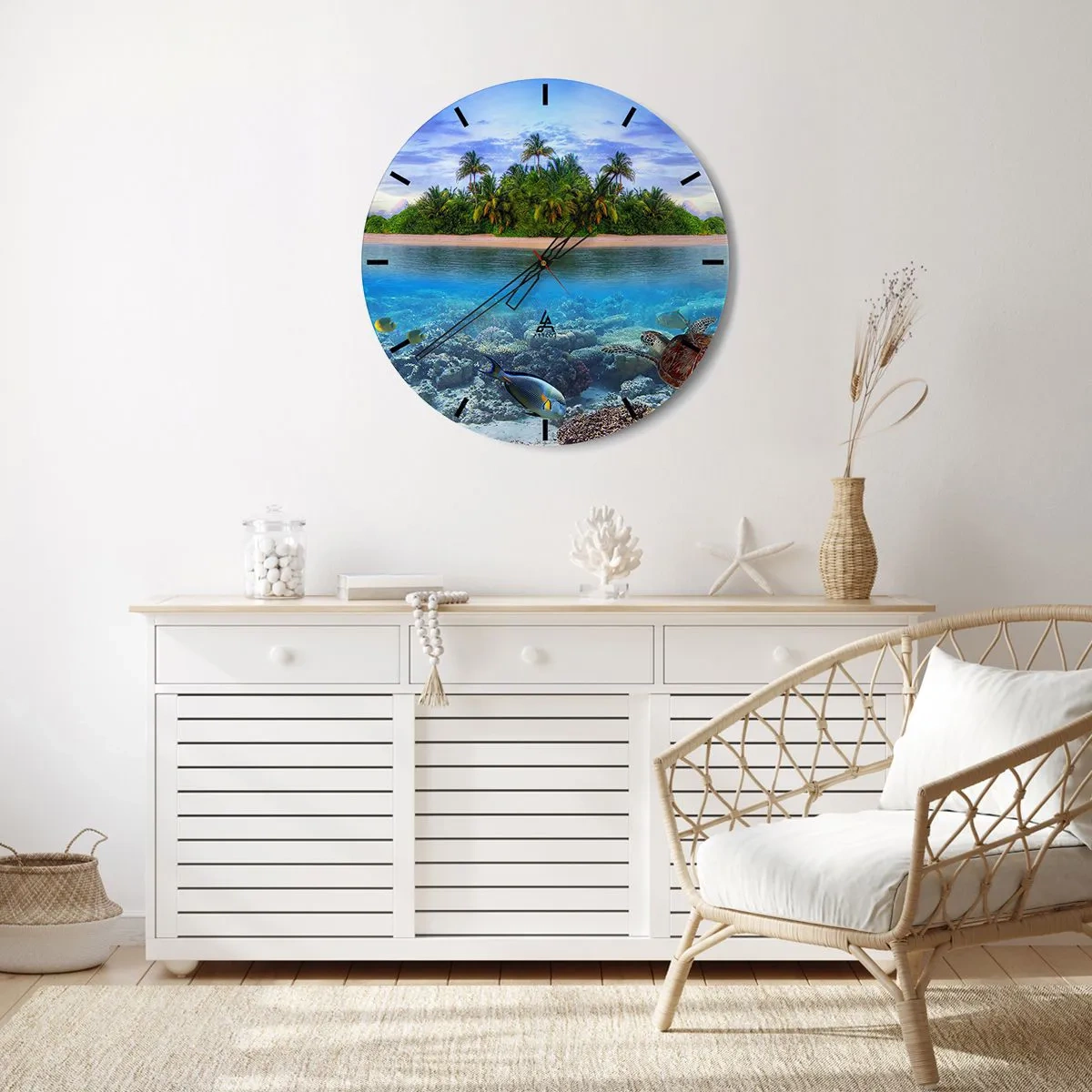 Relógio de parede - Relógio em vidro - Uma ilha exótica com palmeiras e um mundo subaquático - 30x30cm - A Ilha Celestial lhe convida - Decoração de parede moderna para a sala de estar, cozinha e quarto ARTTOR