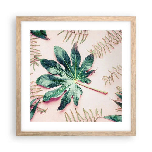 Pôster com moldura de carvalho claro - Estudo do verde em um fundo rosa - 40x40 cm