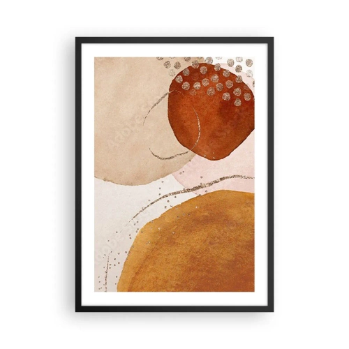 Pôster com moldura preta - Formas abstratas em tons de bege, marrom e dourado - 50x70cm - Redondeza e movimento - Decoração de parede moderna para a sala de estar e quarto ARTTOR
