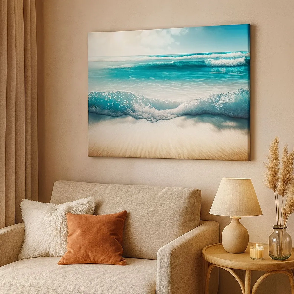Quadro em tela - Ondas do oceano em uma praia de areia clara - 70x50cm - A paz do oceano - Decoração de parede moderna para a sala de estar e quarto ARTTOR