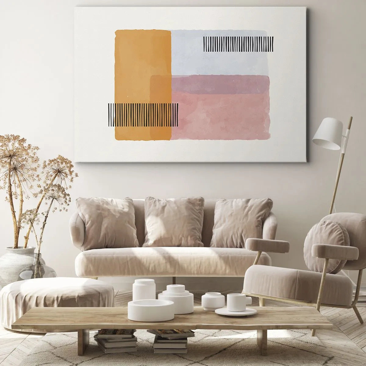 Quadro em tela - Geometria em tons pastéis com linhas sobre fundo claro - 70x50cm - De canto a canto - Decoração de parede moderna para a sala de estar e quarto ARTTOR