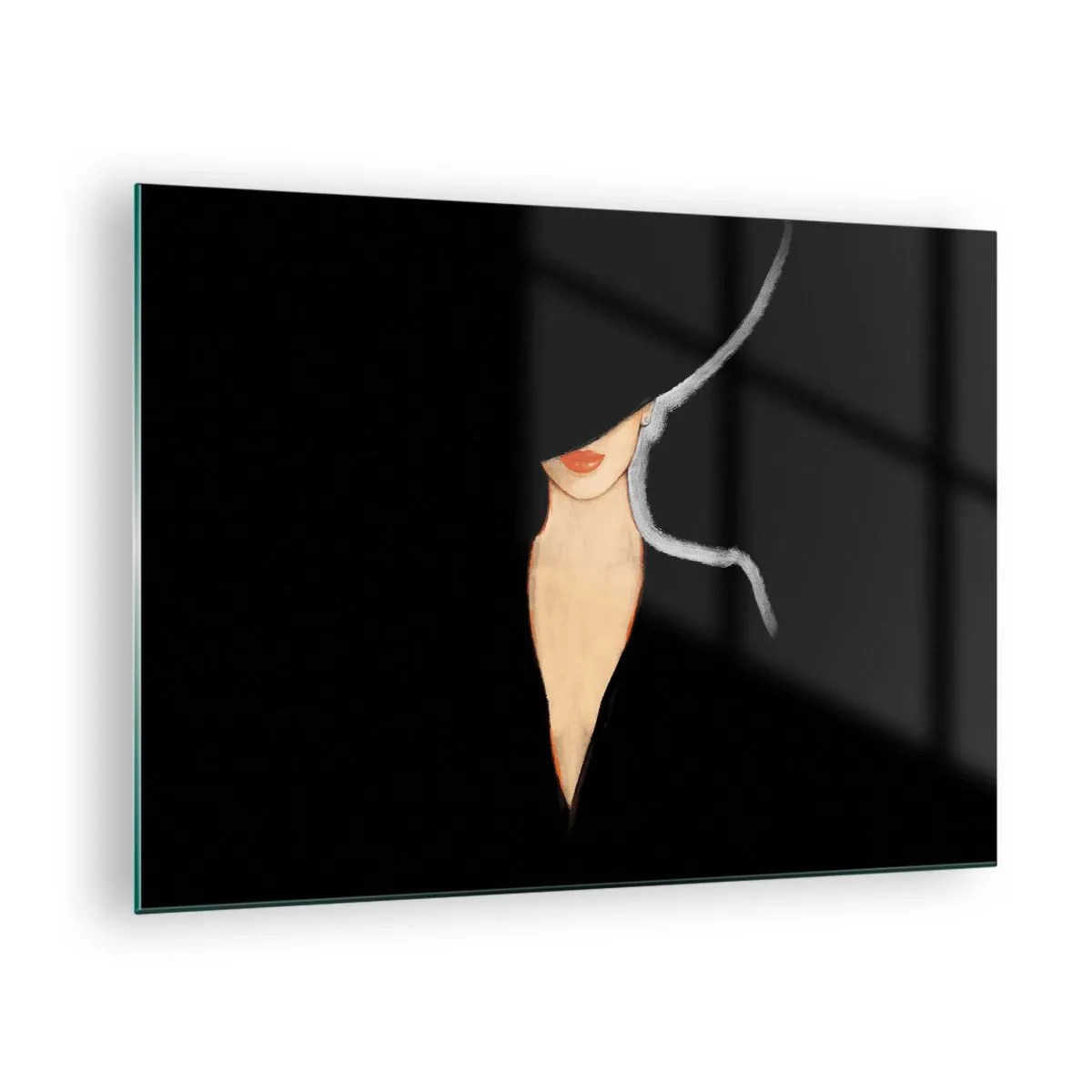Quadro em vidro - Um retrato sutil de uma mulher contra um fundo preto - 70x50cm - Elegância e estilo - Decoração de parede moderna para a sala de estar e quarto ARTTOR