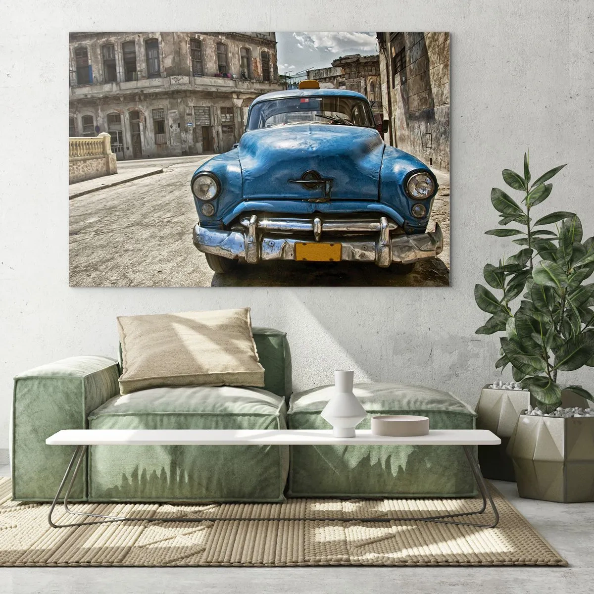 Quadro em vidro - Carro clássico cubano nas ruas de Havana - 70x50cm - O antigo é lindo - Decoração de parede moderna para a sala de estar e quarto ARTTOR