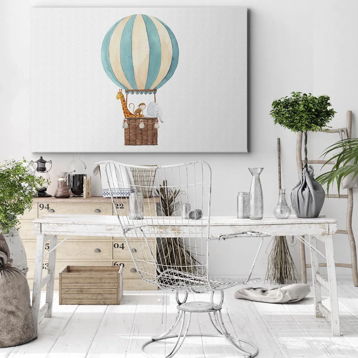 Quadro em tela - Um balão com animais fofos em cores pastel - 70x50cm - Viagem fantástica - Decoração de parede moderna para a sala de estar e quarto ARTTOR