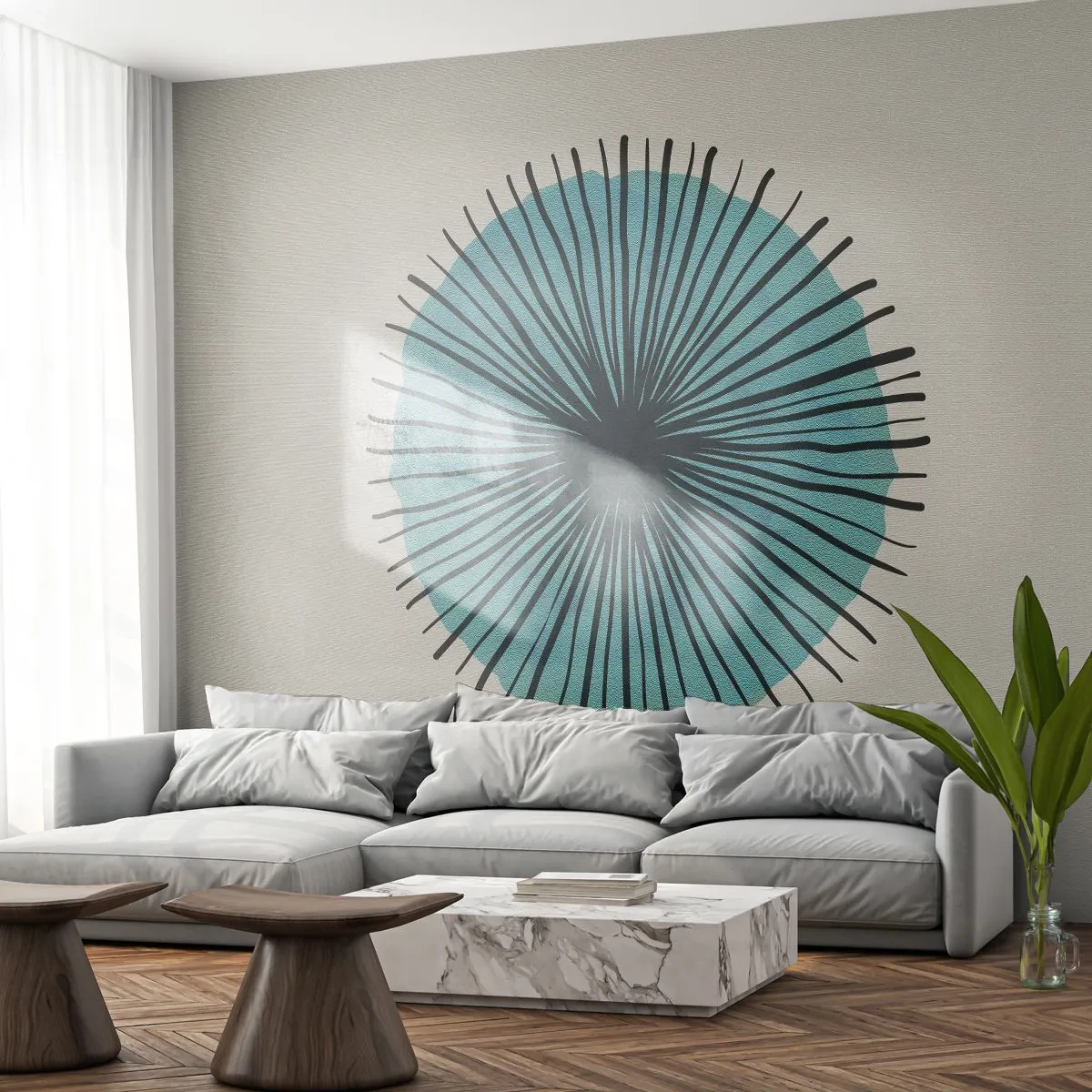 Papel de Parede Standard Eco - Círculo abstrato com raios em um fundo claro - 100x70cm - Radiante sobre o azul - Decoração de parede moderna para a sala de estar e quarto ARTTOR
