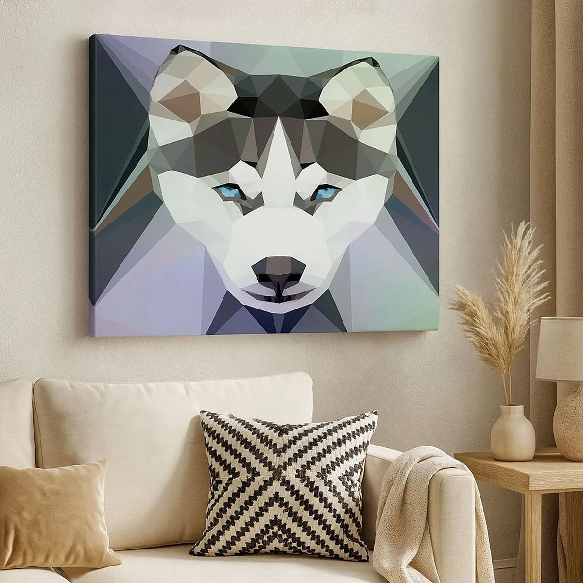 Quadro em tela - Lobo geométrico com olhos azuis expressivos - 70x50cm - Memória da neve do norte - Decoração de parede moderna para a sala de estar e quarto ARTTOR