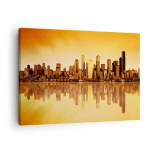 Quadro em tela - Panorama da cidade refletido na água ao pôr do sol - 70x50cm - Silêncio da metrópole - Decoração de parede moderna para a sala de estar e quarto ARTTOR