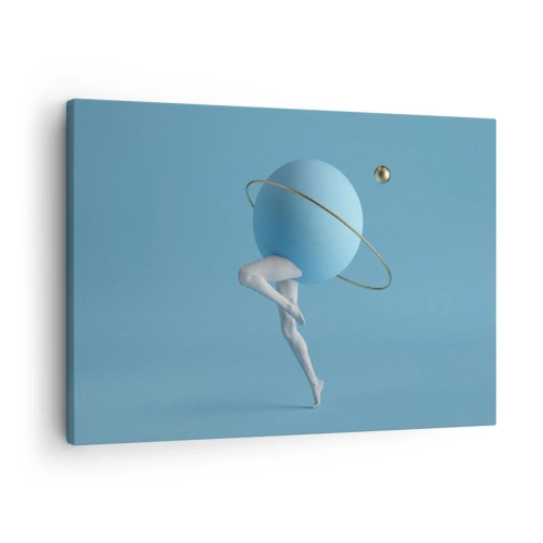 Quadro em tela - Uma esfera azul com uma órbita e pernas humanas contra o céu - 70x50cm - Planetas a enlouquecer - Decoração de parede moderna para a sala de estar e quarto ARTTOR