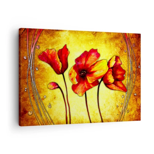 Quadro em tela - Flores vermelhas e amarelas sobre fundo dourado com padrões decorativos - 70x50cm - Decoração da secessão  - Decoração de parede moderna para a sala de estar e quarto ARTTOR
