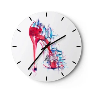 Relógio de parede - Relógio em vidro - Um salto alto vermelho contra o pano de fundo do horizonte da cidade - 30x30cm - Elegância metropolitana - Decoração de parede moderna para a sala de estar, cozinha e quarto ARTTOR