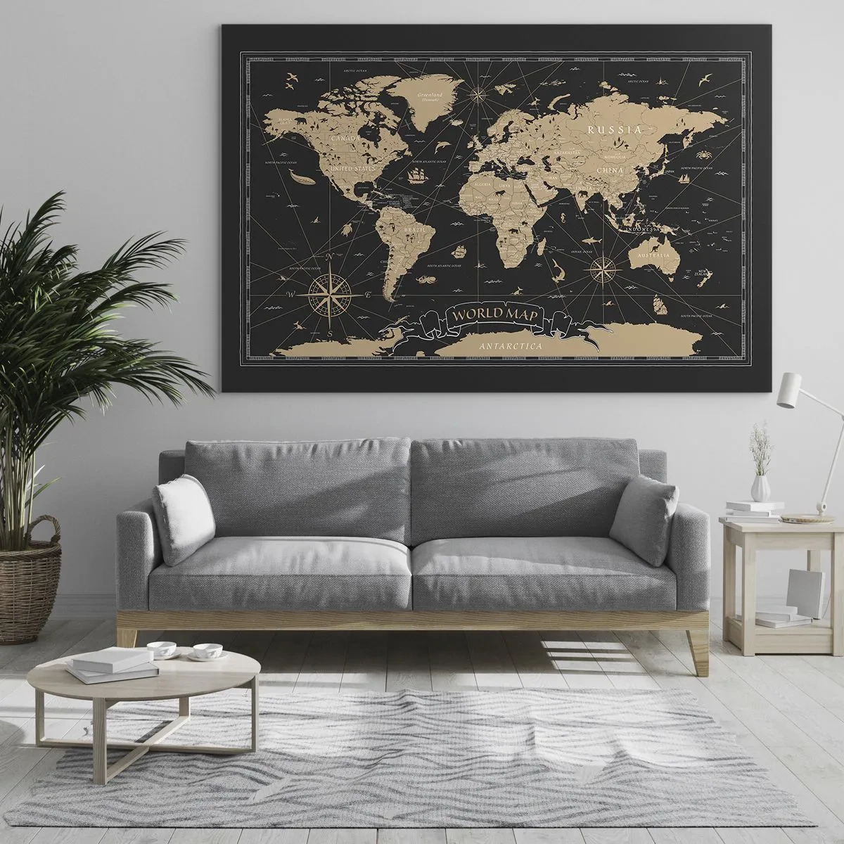 Quadro em vidro - Mapa-múndi estilizado em tons de bege e preto - 70x50cm - Os limites do meu mundo - Decoração de parede moderna para a sala de estar e quarto ARTTOR
