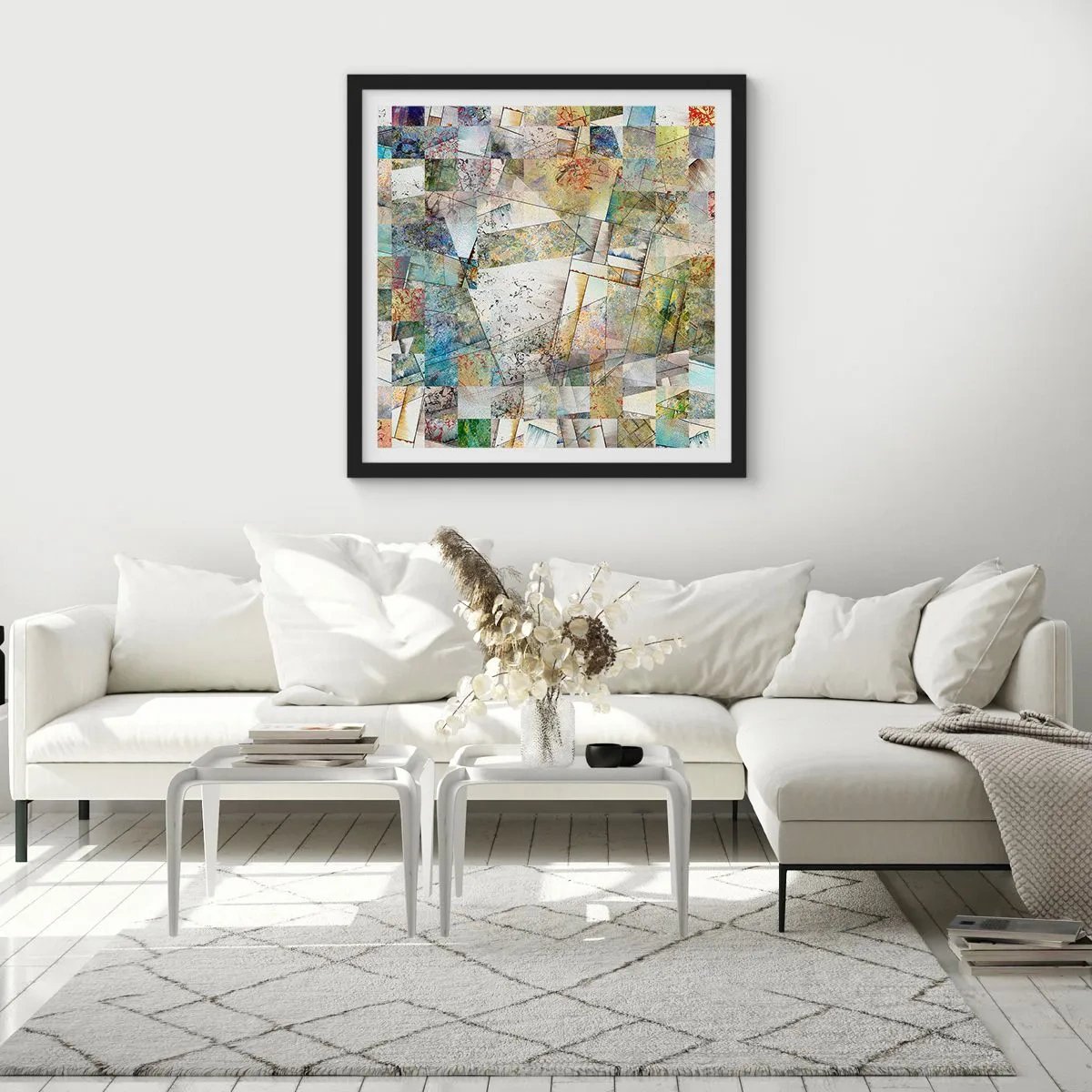 Pôster com moldura preta - Embaralhamento geométrico - 60x60 cm