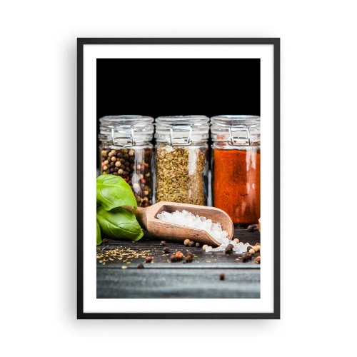 Pôster com moldura preta - Potes de especiarias em um fundo escuro - 50x70cm - Para que a vida tenha um sabor - Decoração de parede moderna para a sala de estar e quarto ARTTOR