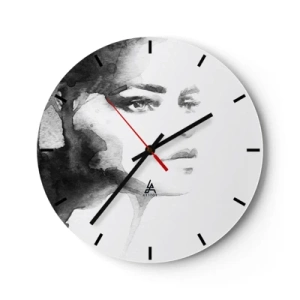 Relógio de parede - Relógio em vidro - Retrato de uma mulher em aquarela em preto e branco - 30x30cm - Feita de mistério e névoa - Decoração de parede moderna para a sala de estar, cozinha e quarto ARTTOR