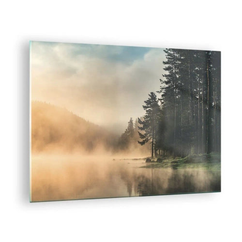 Quadro em vidro - Uma manhã de neblina sobre um lago na floresta - 70x50cm - O nascimento do dia - Decoração de parede moderna para a sala de estar e quarto ARTTOR