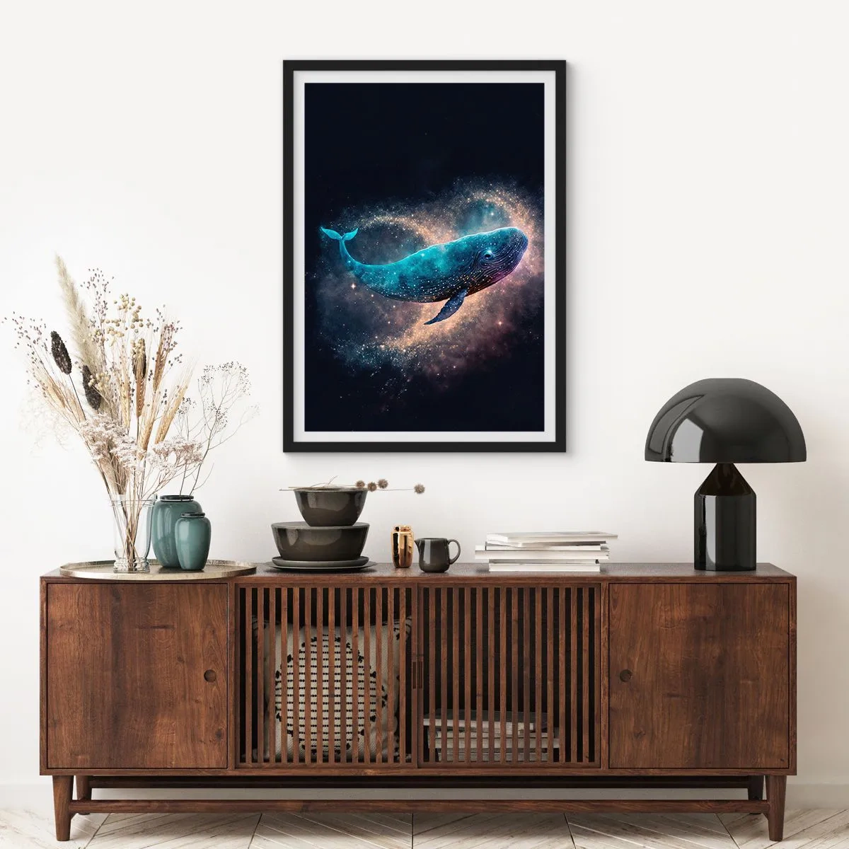 Pôster com moldura preta - Uma baleia espacial cercada por uma nebulosa estelar em um fundo preto. - 50x70cm - Existe um mundo assim… - Decoração de parede moderna para a sala de estar e quarto ARTTOR