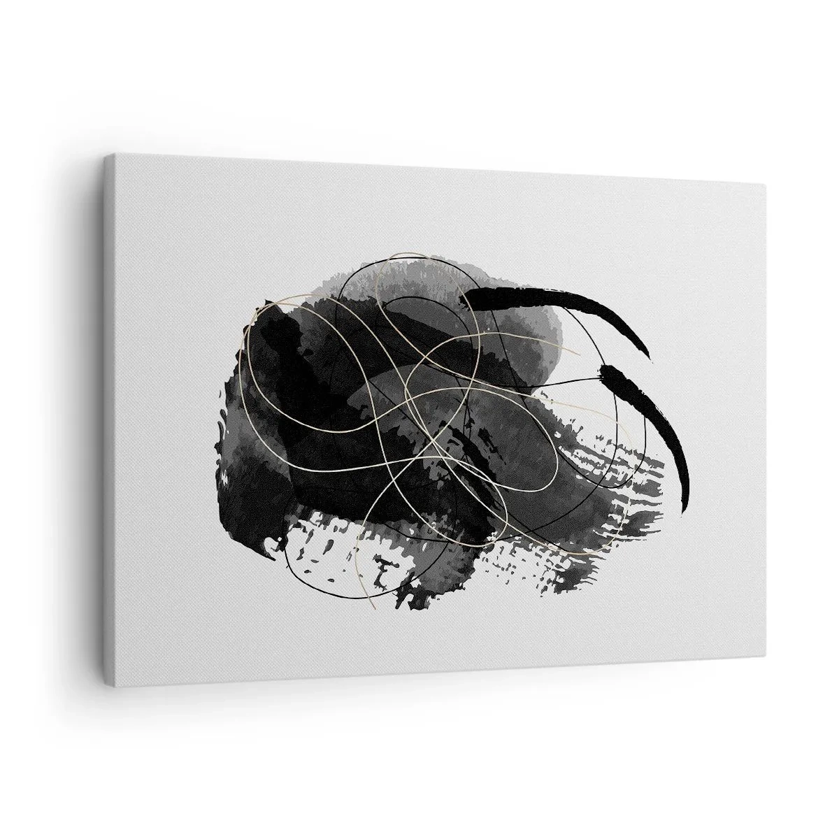 Quadro em tela - Abstração em preto e dourado sobre fundo branco - 70x50cm - Emergido do preto - Decoração de parede moderna para a sala de estar e quarto ARTTOR
