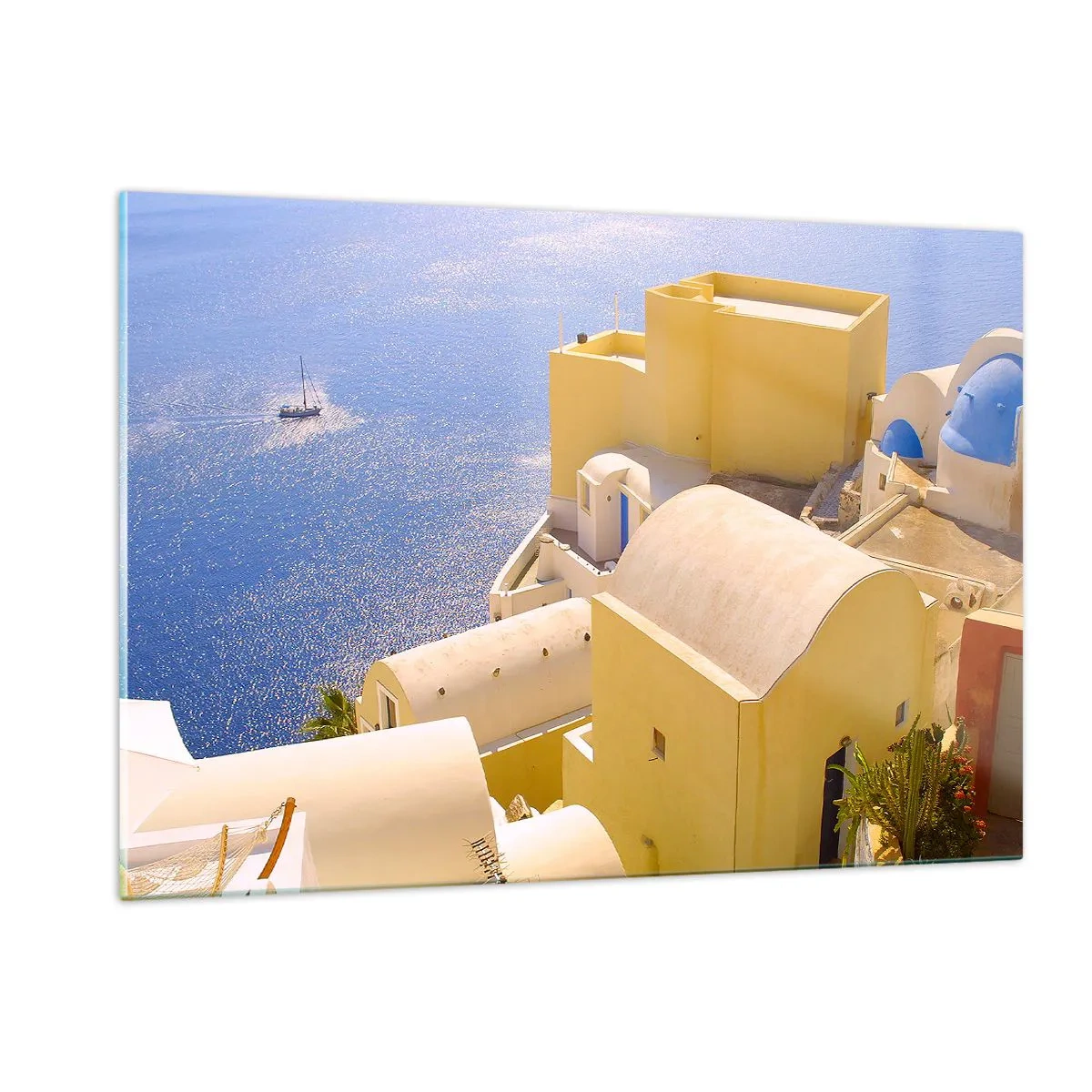 Quadro em vidro - Paisagem grega em branco e azul - 120x80 cm