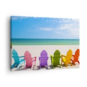 Quadro em tela - Cadeiras coloridas na praia com vista para o mar - 70x50cm - Praia do arco-íris - Decoração de parede moderna para a sala de estar e quarto ARTTOR