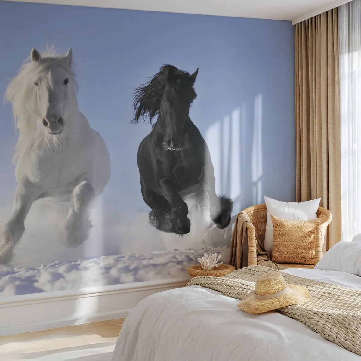 Papel de Parede Premium Sand - Galope preto e branco - Animais, Cavalo, Inverno - 100x70 cm