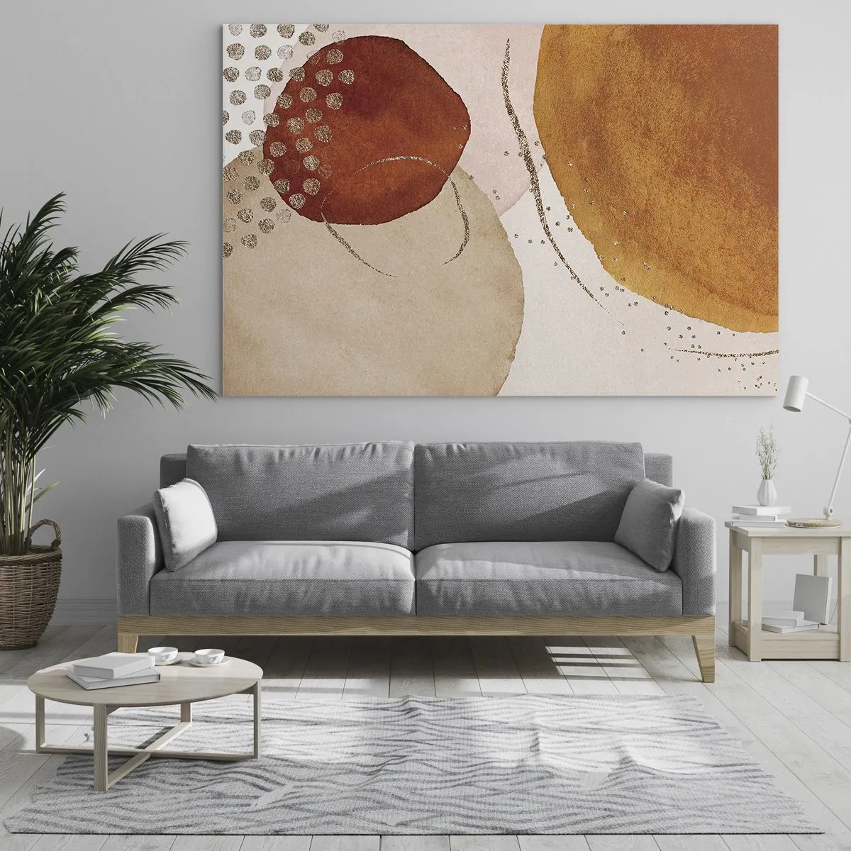 Quadro em vidro - Círculos abstratos em tons de bege, cobre e dourado - 70x50cm - Redondeza e movimento - Decoração de parede moderna para a sala de estar e quarto ARTTOR