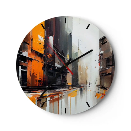 Relógio de parede - Relógio em vidro - Cena abstrata de rua da cidade com luz laranja e chuva - 30x30cm - Dia chuvoso - Decoração de parede moderna para a sala de estar, cozinha e quarto ARTTOR