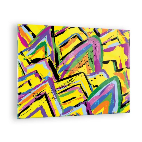 Quadro em vidro - Abstração intensa em cores brilhantes sobre fundo amarelo - 70x50cm - Grito de alegria - Decoração de parede moderna para a sala de estar e quarto ARTTOR