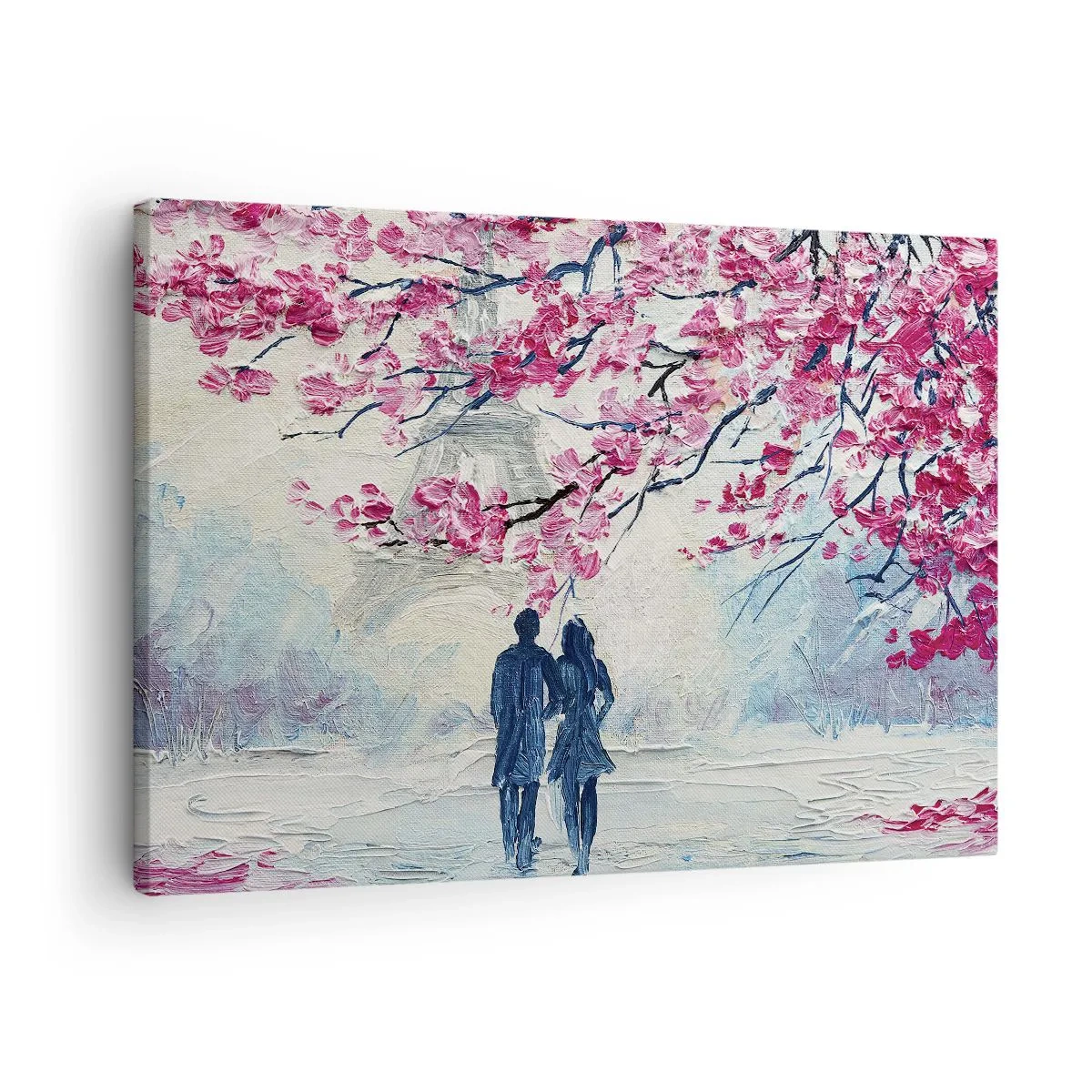 Quadro em tela - Um casal sob árvores cor-de-rosa floridas em um ambiente romântico - 70x50cm - Passeio romântico - Decoração de parede moderna para a sala de estar e quarto ARTTOR