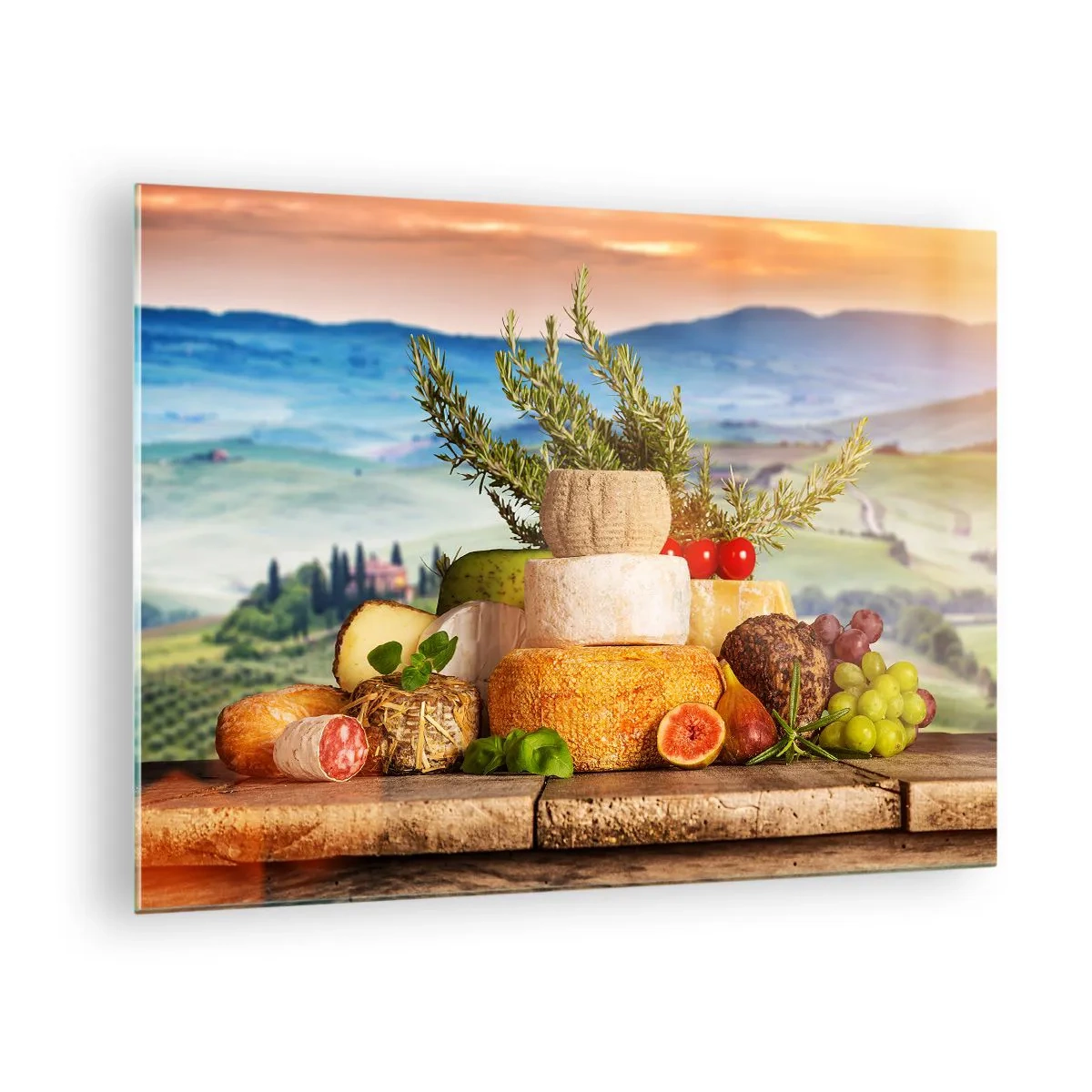 Quadro em vidro - Uma composição de queijos e frutas tendo como pano de fundo a paisagem toscana - 70x50cm - Alegria italiana - Decoração de parede moderna para a sala de estar e quarto ARTTOR