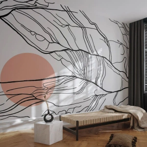 Papel de Parede Standard Eco - Linhas abstratas em um fundo branco com um toque geométrico - 100x70cm - Numa rede de galhos - Decoração de parede moderna para a sala de estar e quarto ARTTOR