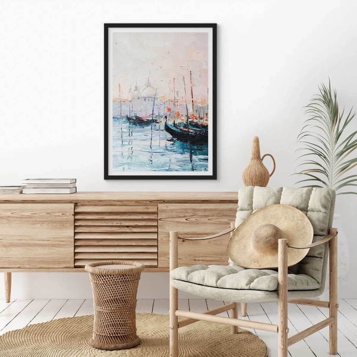 Pôster com moldura preta - Veneza com gôndolas em estilo pictórico impressionista - 50x70cm - Além da água, atrás do nevoeiro - Decoração de parede moderna para a sala de estar e quarto ARTTOR