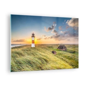 Quadro em vidro - Um farol ao pôr do sol sobre um mar tempestuoso - 70x50cm - Entre as ondas - Decoração de parede moderna para a sala de estar e quarto ARTTOR