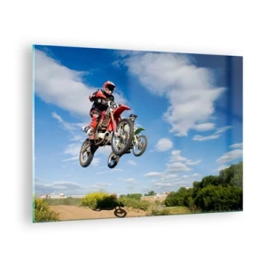 Quadro em vidro - Um motociclista em voo contra um céu azul - 70x50cm - Salto celeste - Decoração de parede moderna para a sala de estar e quarto ARTTOR