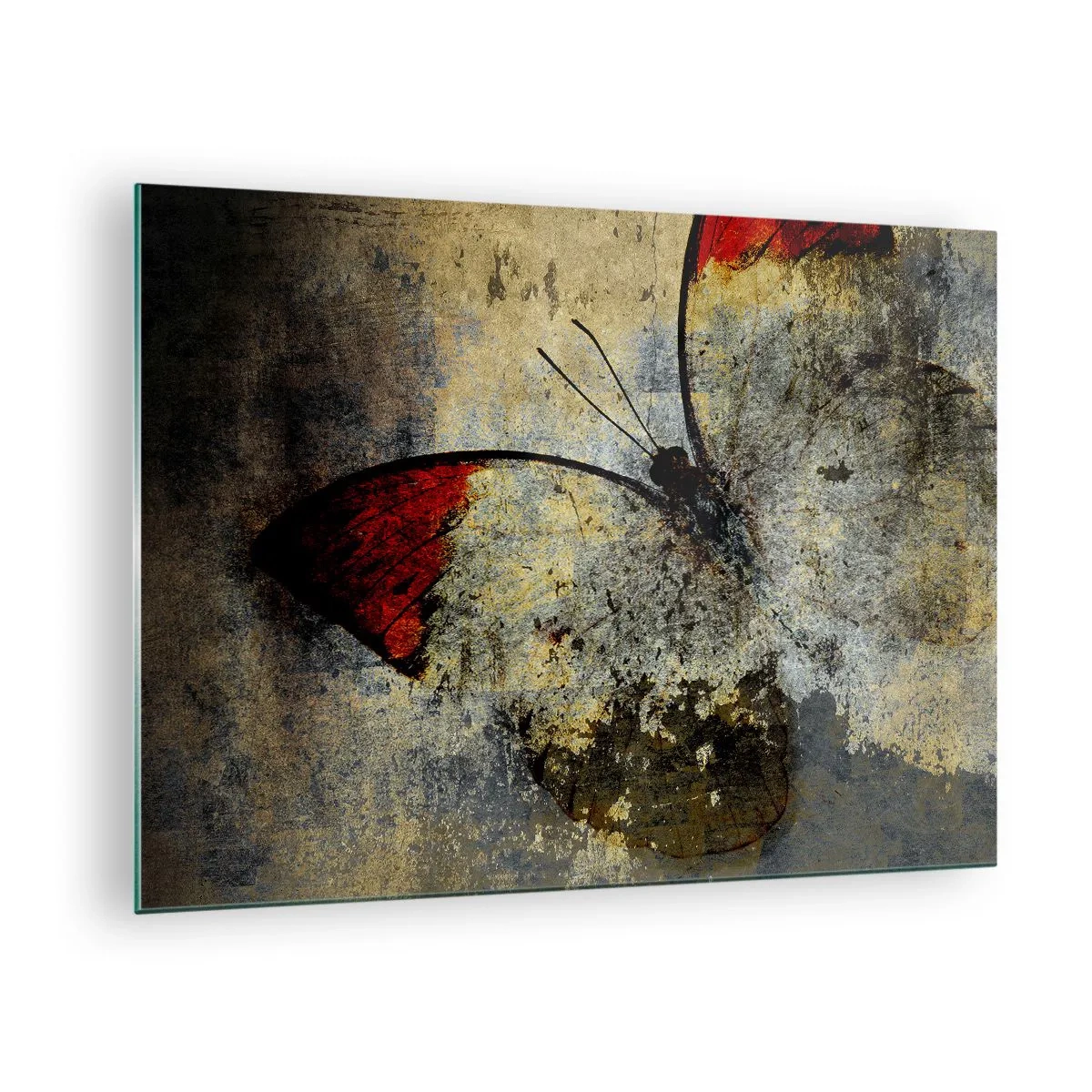 Quadro em vidro - Borboleta abstrata em um fundo envelhecido - 70x50cm - Olhe antes que desapareça - Decoração de parede moderna para a sala de estar e quarto ARTTOR