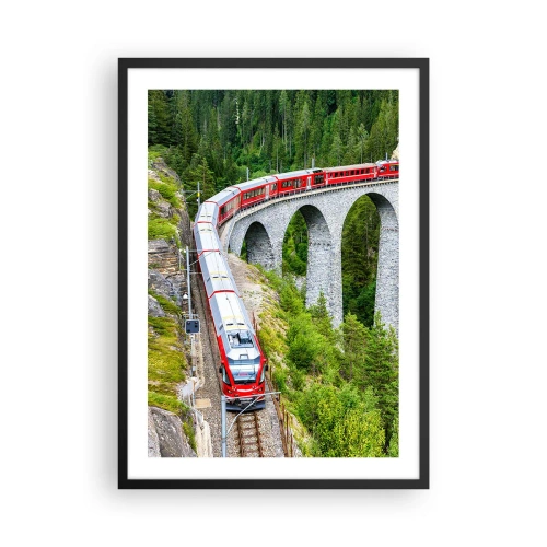 Pôster com moldura preta - Um trem vermelho em um viaduto cercado por uma floresta verde - 50x70cm - Linha férrea com vista para a montanha - Decoração de parede moderna para a sala de estar e quarto ARTTOR