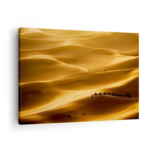 Quadro em tela - Uma caravana de camelos vagando pelas dunas douradas do deserto. - 70x50cm - Caravana nas ondas do deserto - Decoração de parede moderna para a sala de estar e quarto ARTTOR