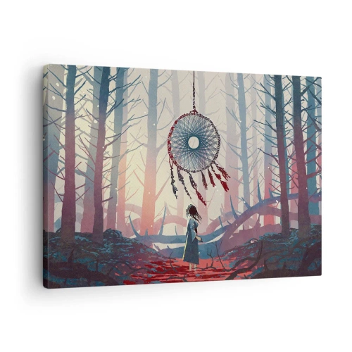 Quadro em tela - Cena de floresta com um apanhador de sonhos gigante - 70x50cm - O ritual secreto da felicidade - Decoração de parede moderna para a sala de estar e quarto ARTTOR