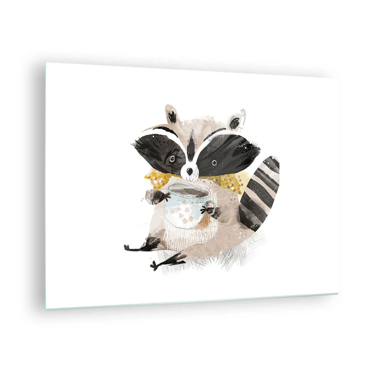 Quadro em vidro - Um guaxinim fofo segurando um copo de bebida - 70x50cm - O meu amigo guaxinim - Decoração de parede moderna para a sala de estar e quarto ARTTOR