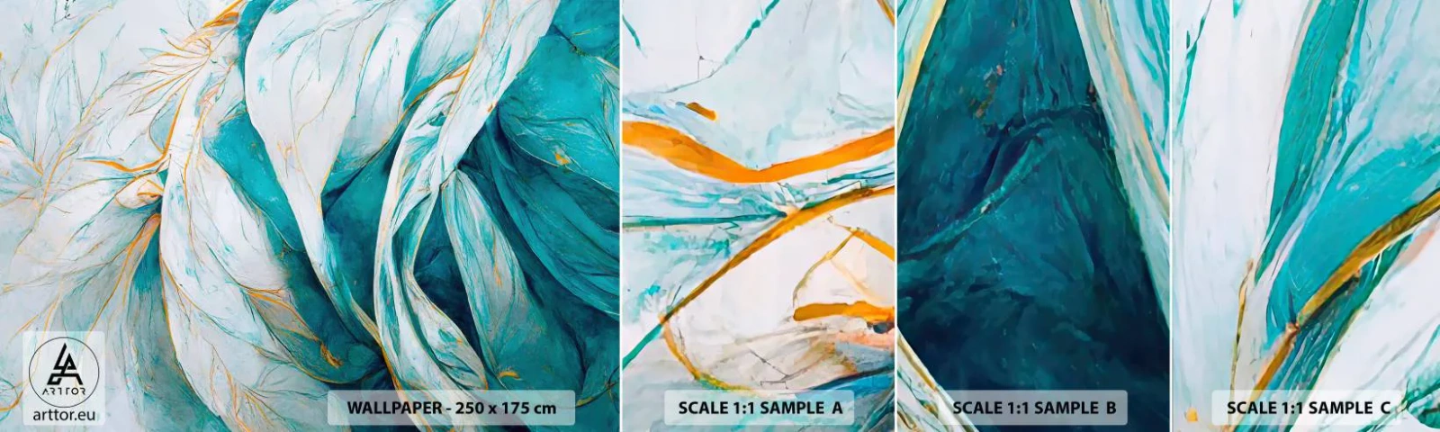 Amostra de Papel de Parede Standard Eco - Abstração azul com lema dourado - Pedaço, Art Deco, Sutil - 100x30 cm