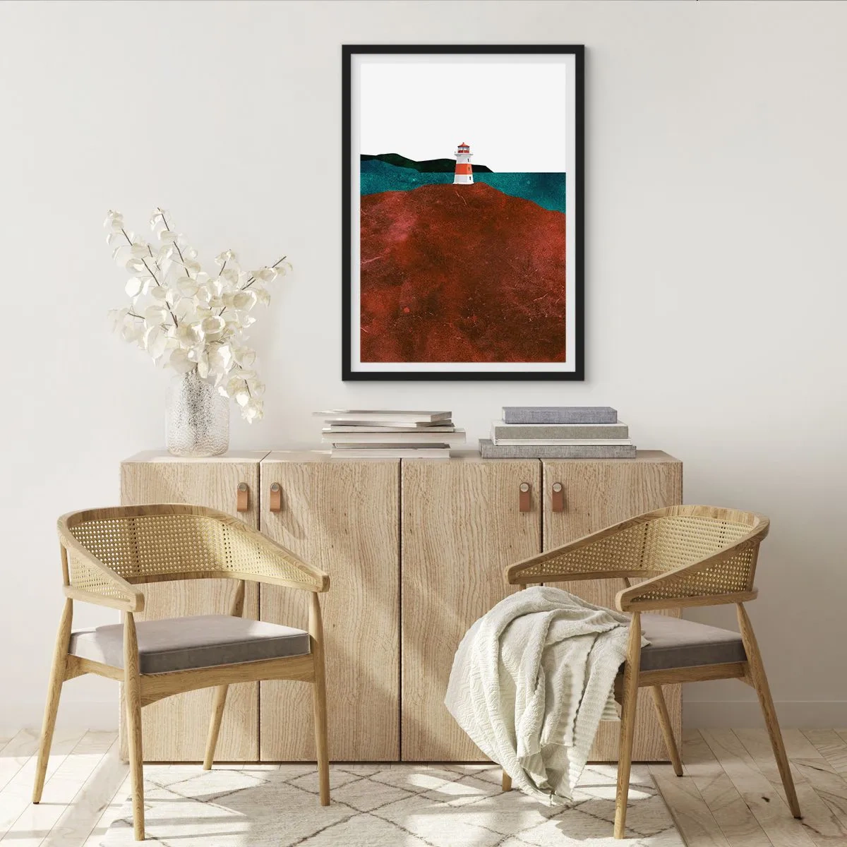 Pôster com moldura preta - Uma paisagem minimalista com um farol em uma colina - 50x70cm - Olhando para o mar - Decoração de parede moderna para a sala de estar e quarto ARTTOR