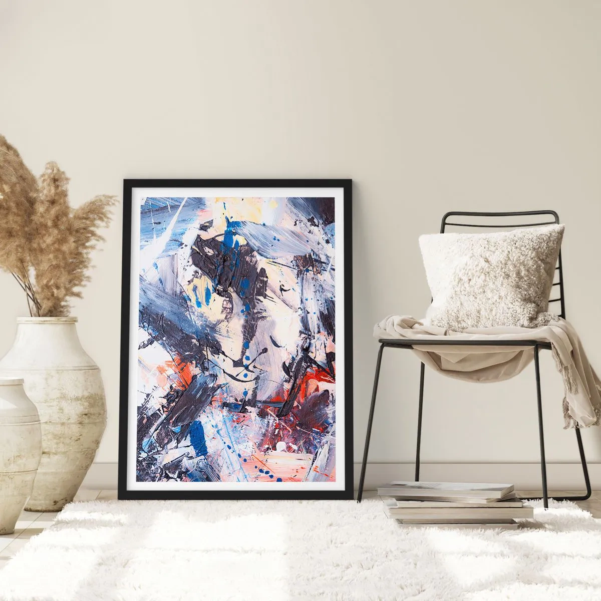Pôster com moldura preta - Composição abstrata em tons de azul e laranja - 50x70cm - Dança louca da abstração - Decoração de parede moderna para a sala de estar e quarto ARTTOR