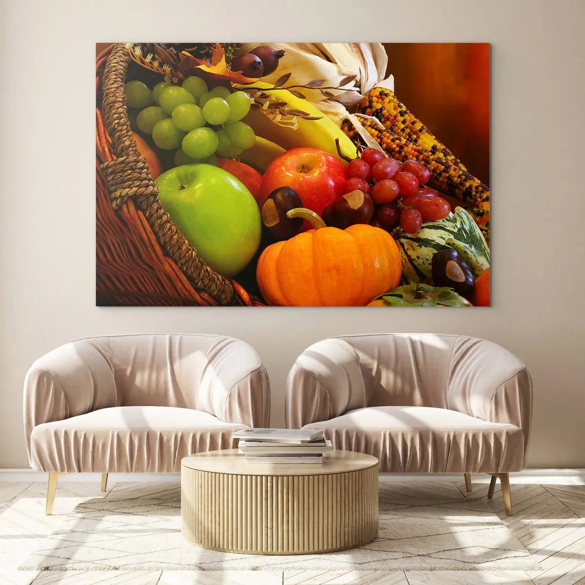 Quadro em vidro - Uma cesta cheia de frutas e vegetais em um arranjo de outono - 70x50cm - O cesto da colheita - Decoração de parede moderna para a sala de estar e quarto ARTTOR
