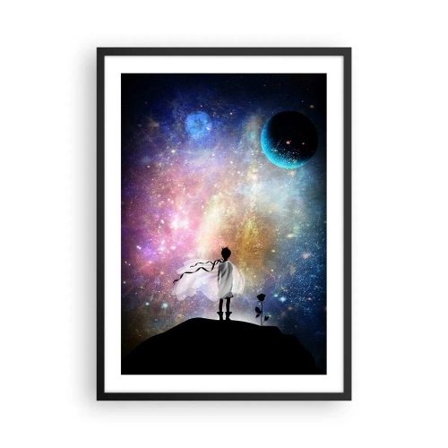 Pôster com moldura preta - Uma cena espacial fantástica com a silhueta de um personagem e uma rosa - 50x70cm - Pequeno Príncipe - Decoração de parede moderna para a sala de estar e quarto ARTTOR