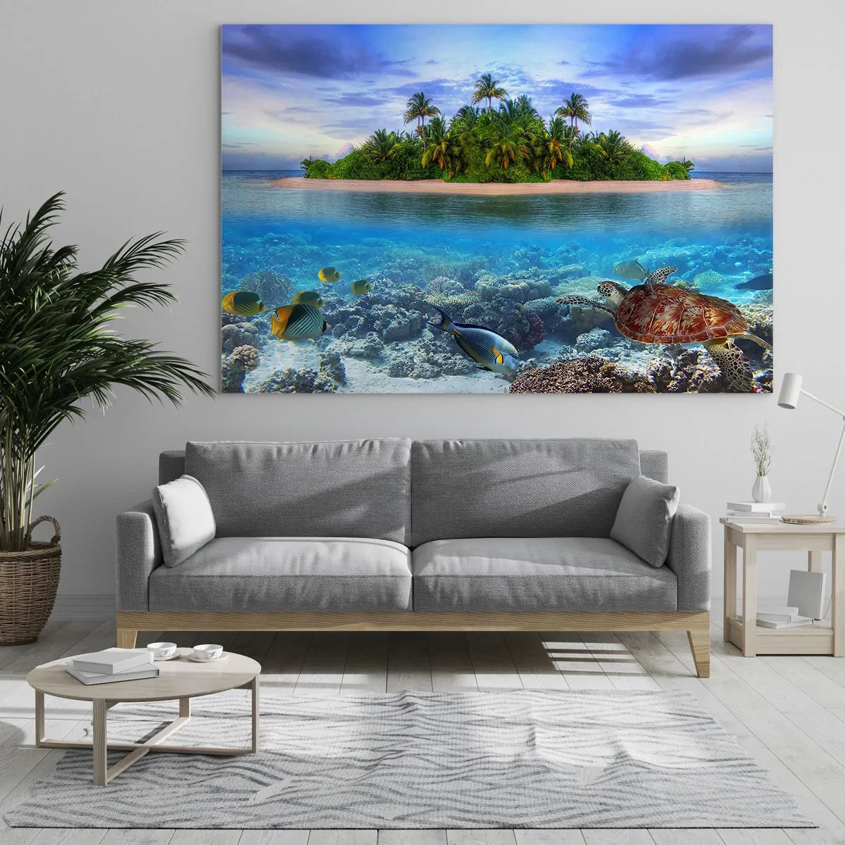 Quadro em vidro - Uma ilha tropical com um recife de coral e vida marinha - 70x50cm - A Ilha Celestial lhe convida - Decoração de parede moderna para a sala de estar e quarto ARTTOR
